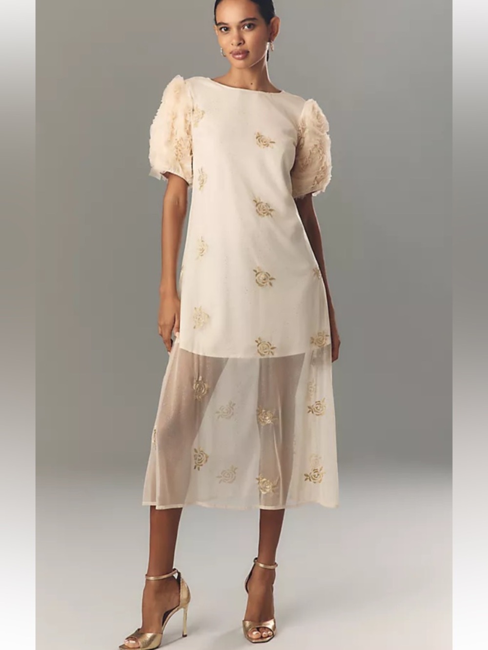 Sheer Embroidered Midi Dress in Blush with Puff Sleeves - Picture 1 of 6
